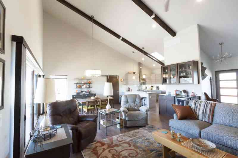 The spacious, open-concept living room and kitchen.